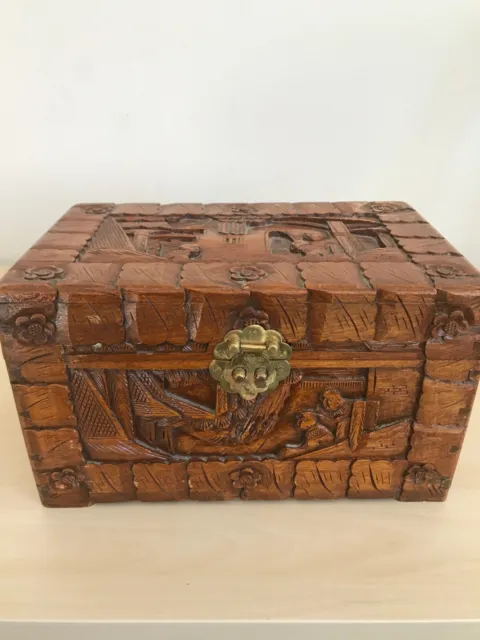 Antique Chinese Camphor Wood Chest Box Deep Carved Hinged Lid 12” X 7 1/2” X 7”