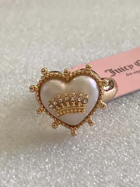 Juicy Couture goldtone faux pearl crown crystal  heart  ring Sz 7