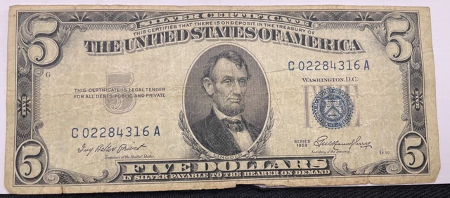 1953 Five Dollar BLUE Seal Note Silver Certificate $5 Old US Bill Average Circ