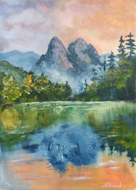 Mountain Landscape Original Oil Painting Forest Lake Art Hand Painted 13x9,8 in