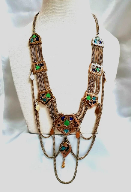 Superba Collana Berbera A Catenelle E Placche In Ottone Con Smalti Policromi.