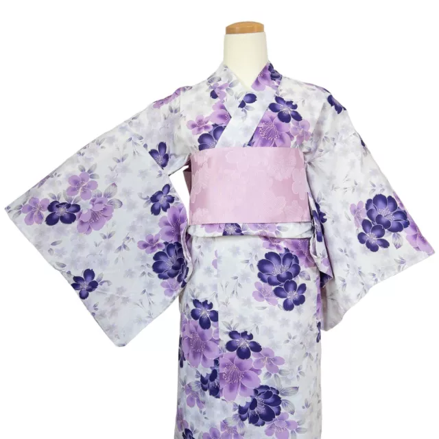 Japanese Womens Sm Purple Summer Sakura Print Yukata & Pre-Tied Obi Set: Apr24-A