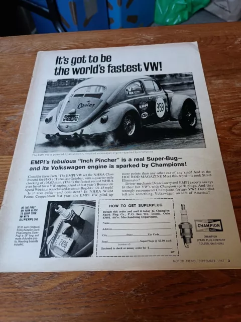 1967 Champion Spark Plugs And World's Fastest VW! Magazine Ad