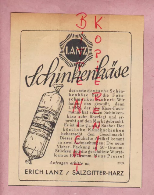 SALZGITTER/HARZ, Werbung 1950, Erich Lanz Schinken-Käse