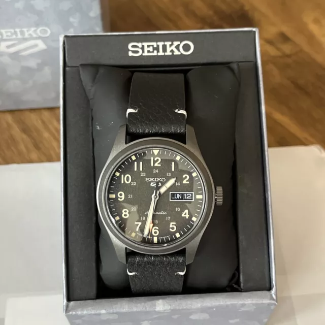SEIKO 5 Automatic FIELD SPECIALIST Black Leather Men's Watch - SRPG41 MSRP: $335