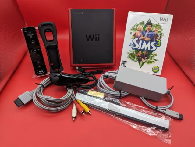 Cleaned & Tested! Nintendo Wii Mini 8GB Black/Red Video Game Console w/ Sims 3