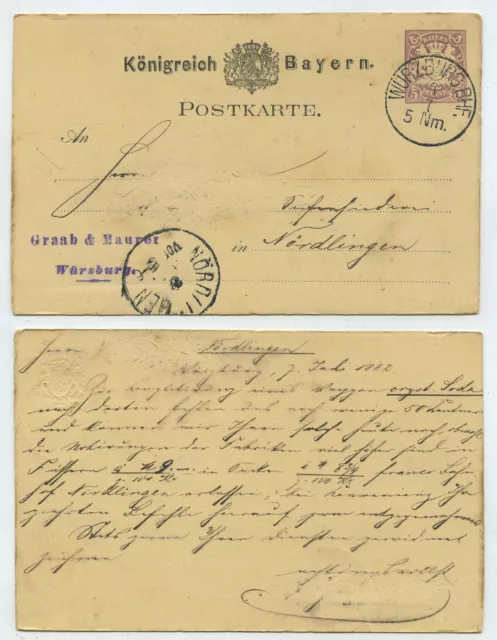 68360 - Bayern Ganzsache P 18 - Postkarte - Würzburg 7.7.1882 nach Nördlingen