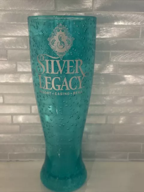 Vtg. Silver Legacy Resort & Casino Reno Nevada 9" Tall Plastic Glass-Blue