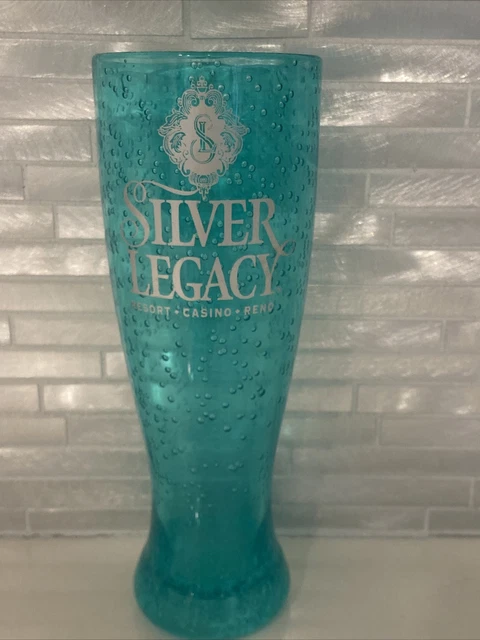 Vtg. Silver Legacy Resort & Casino Reno Nevada 9" Tall Plastic Glass-Blue
