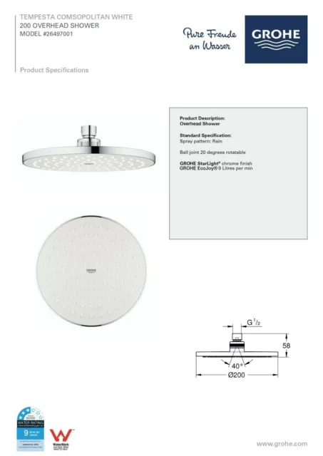 Grohe TEMPESTA COSMO OVERHEAD SHOWER 200mm Rotatable Ball Joint, White Face 2