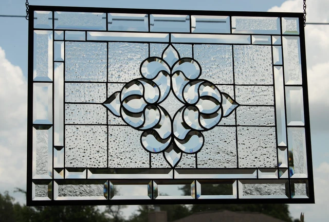 Large Clear Beveled Stained Glass Window Hanging, Panel 26 5/8”x18 5/8”