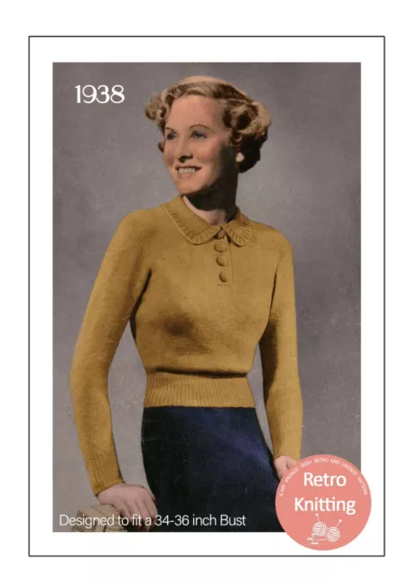 1940s Ladies Easy Polo Jumper Knitting Pattern Bust 34-36 Copy