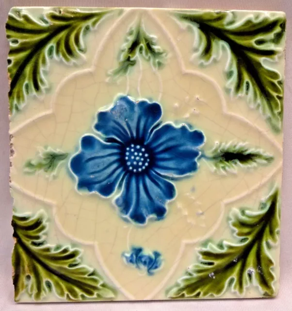 Antique English Tile Majolica Flower Motif Design Ceramic Architecture Rare "161
