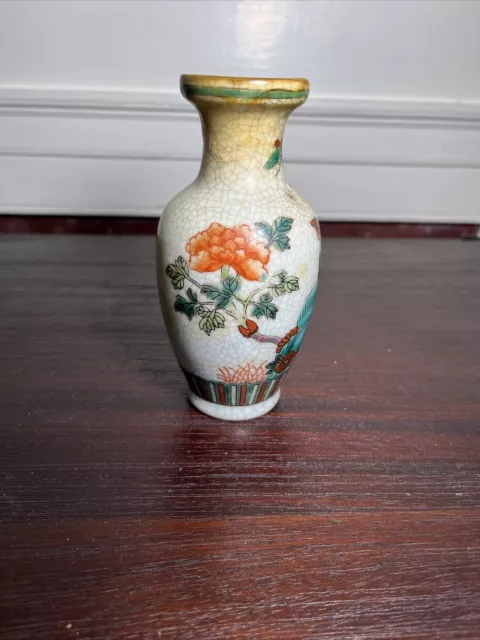 Vtg Antique Chinese Crackle Vase 6" ~ 1900 Hand Painted Rooster Design Signed 2