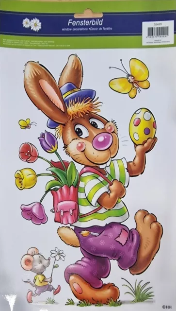 XL Ostern Fensterbild BUNT Osterhase mit Blumen im Rucksack + Maus zeigt Osterei