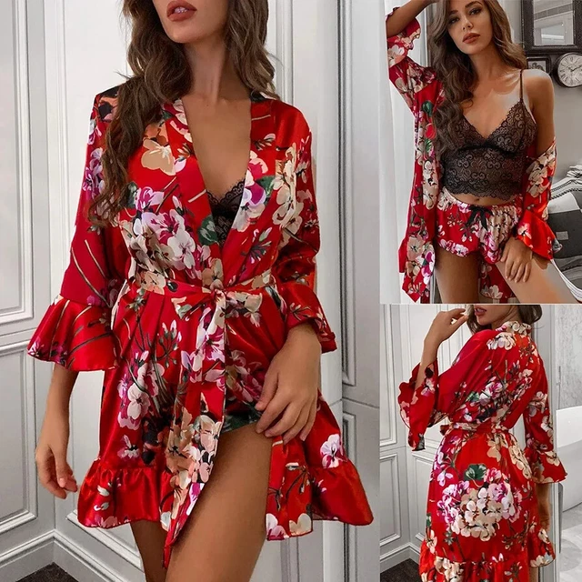 Pigiama floreale raso 3 pezzi|satin robe|satin short|pigiama tropicale |donna notte