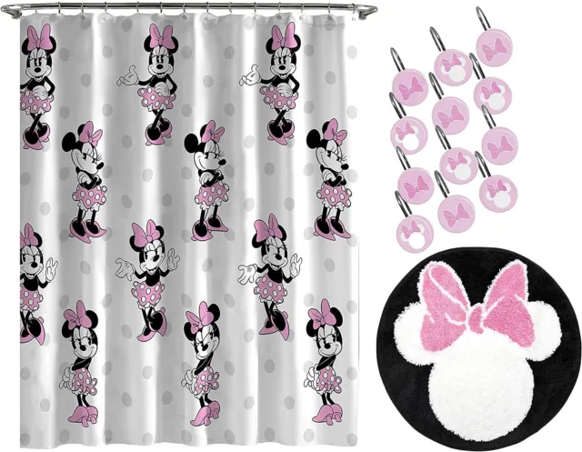 Minnie Mouse Kids 14pc Bath Set: Curtain, Hooks & Rug - AB092Q6ZG1W6