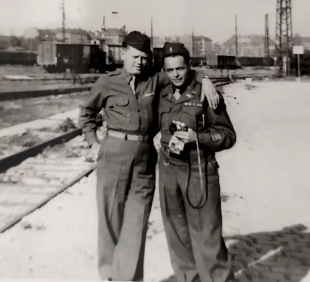 Two US Soldiers Near Train Station Railroad 1940s/1950s Original Photo 3.5x2.5"