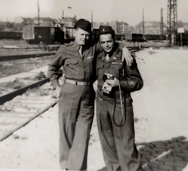 Two US Soldiers Near Train Station Railroad 1940s/1950s Original Photo 3.5x2.5"