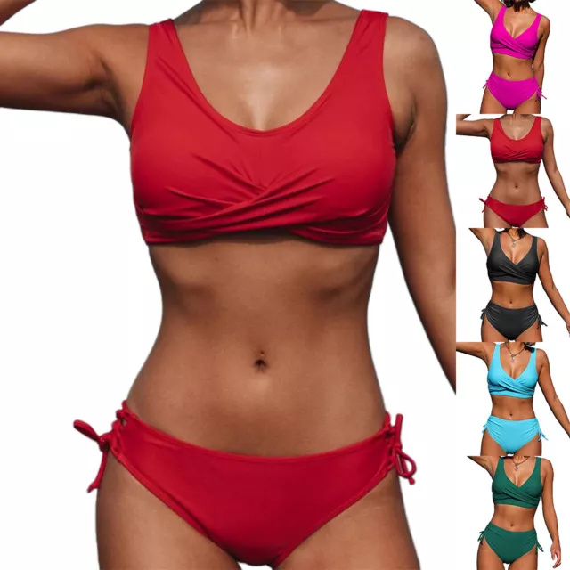 Women Ruched Lace-Up Bikini Swimsuit Plain Padded Swimwear Beach Bathing Suit·