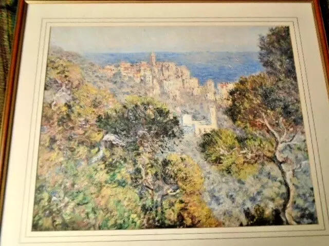 Lovely Print Hill Top Costal Village Woodland & Sea Framed Glazed Italy Spain