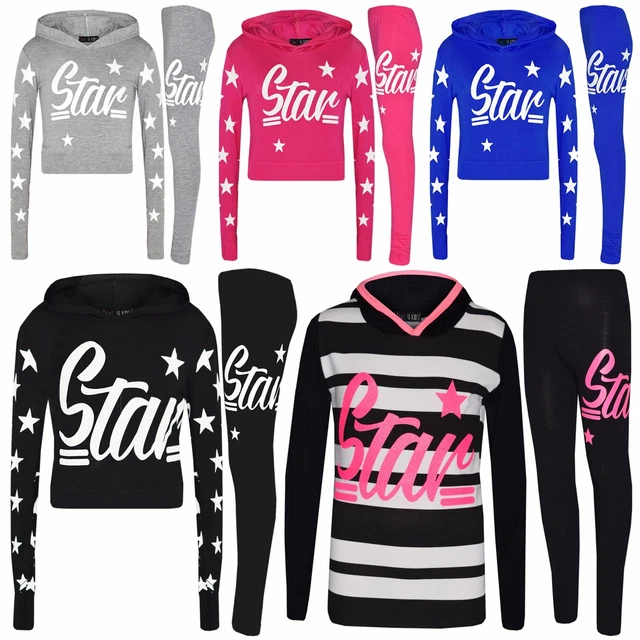 Girls Tops Kids Star Print Hooded Crop Top & Legging Lounge Wear Set 7-13 Years