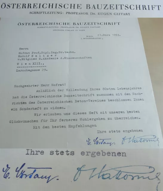 Österreichische Bauzeitschrift: Brief Wien 1953 an R. SALIGER; Signatur CZITARY