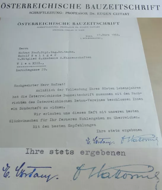 Austrian Bauzeitschrift: Letter Vienna 1953 An R. Saliger; Signature Czitary