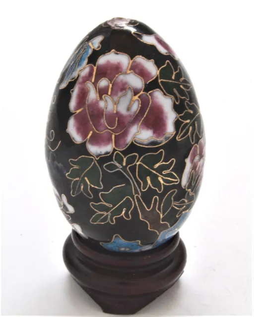 Vintage Cloisonne Egg with Wood Stand. Hand Painted Enamel in Floral Designs