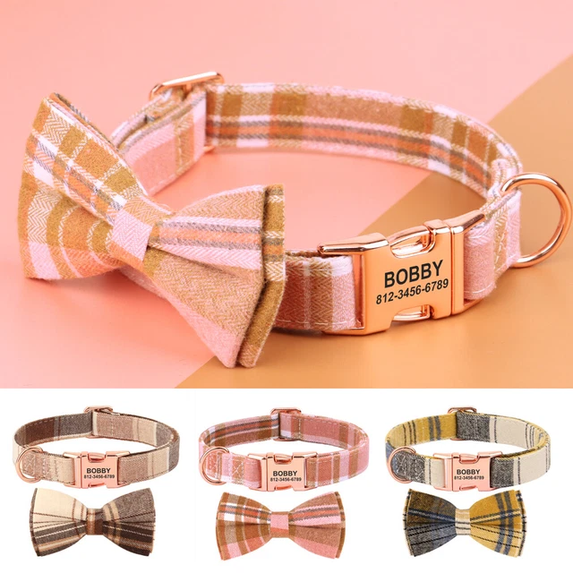 Fashion Plaid Custom Personalised Dog Collar Cute Bow Tie Pet Name Tag Engraved