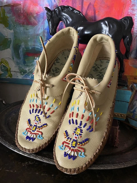 Vintage TAOS Buckskin Leather Beaded Moccasins Native American Indian Gypsy