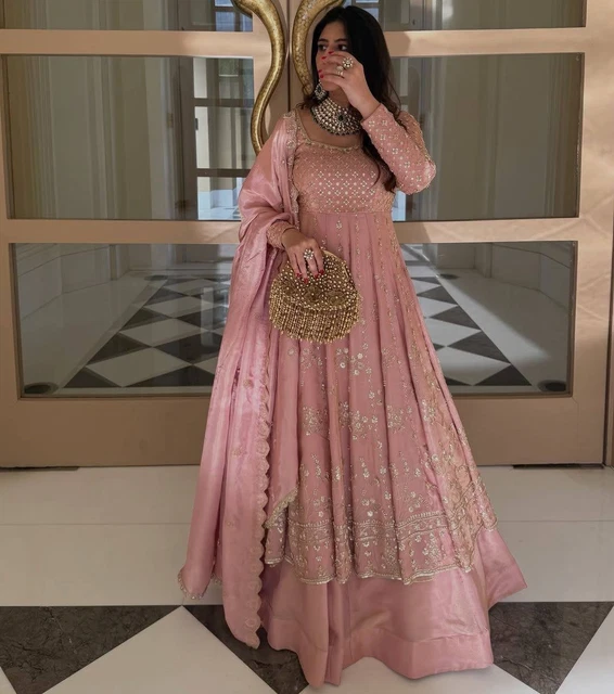 Abito Da Cerimonia Pakistano In Seta Chinon Color Crema | Salwar Kameez Per Donna - Foto 4