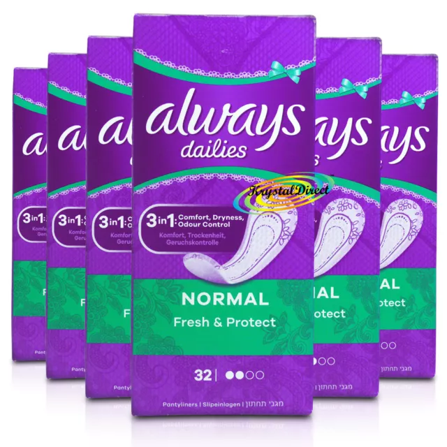 6x Always Dailies 32 Normal Fresh & Protect Odour Neutralising Pantyliners Pads