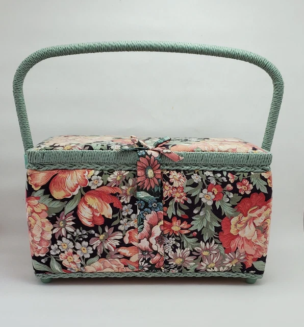 Vintage Sewing Basket w lid Navy blue Floral Wicker Handle 11.5” X 7” X 6.5”