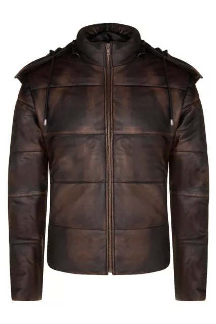 Men's Puffer Leather Bomber Jacket Quilted Vintage Brown Lambskin Hooded Jacket