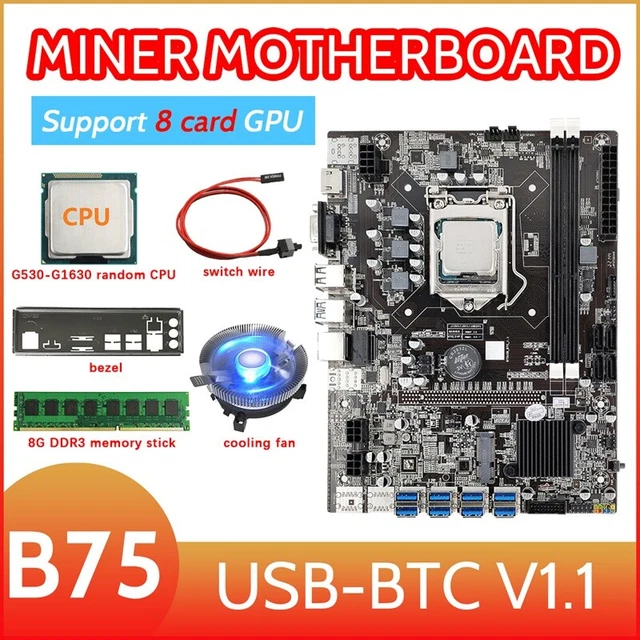 B75 8 Card Mining Motherboard+G530/G1630 CPU+Cooling Fan+8G DDR3 +Switch Ca Q6H9