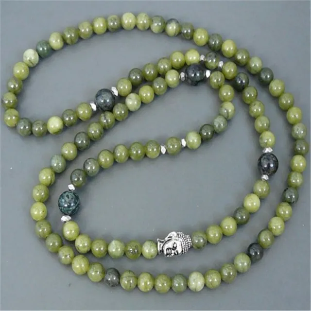 6mm Grass Green Jade 108 Bead Silver Buddha Head Mala Bracelet Reiki Pray