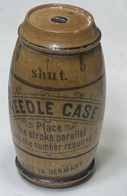 German Antique Wood Barrel Sewing Needle Case Transferware Asbro