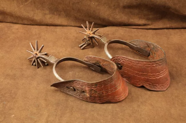#1 Antique Texas Cowboy Western Rodeo Large 10-Point Rowels, Tooled Strap Spurs