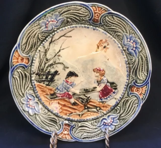 Antique Wasmuel Majolica Barbotine Plate Children at Play c. 1900