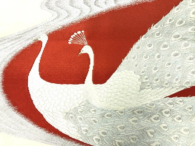 6556744: Japanese Kimono / Antique Nagoya Obi / Woven Peacock