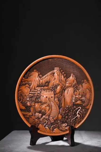 Chinese Antique Lacquerware Carved The Great Wall Statue Nice Plate Home Decor