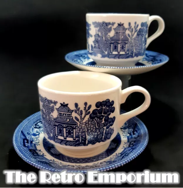 Vintage ‘Churchill Blue & White Willow Pattern Duo Cup & Saucer PAIR