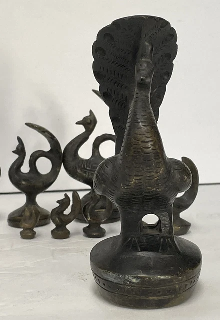 Rare Complete Set Antique Burmese Opium Bronze Weight Set Peacock Bird 9 Pc Vtg 5