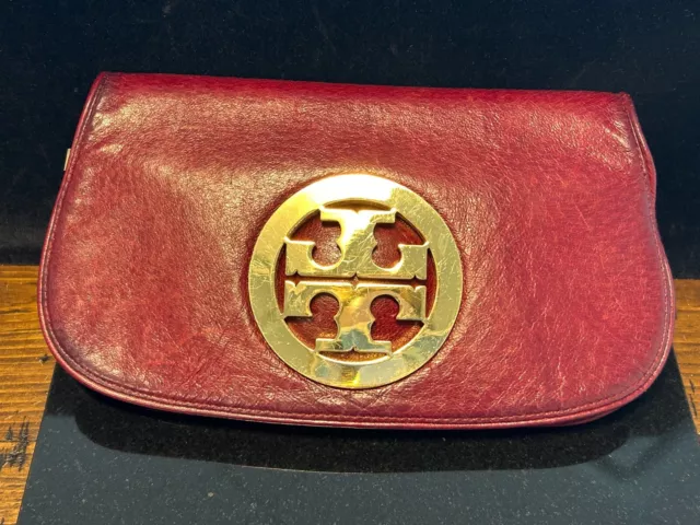 Tory Burch Womens Red Leather Logo Embellished Flap Clutch Bag Handbag