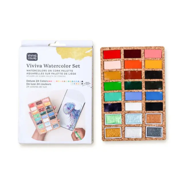 Viviva Aquarell Deluxe 24 Farben Farbset auf Korkpalette