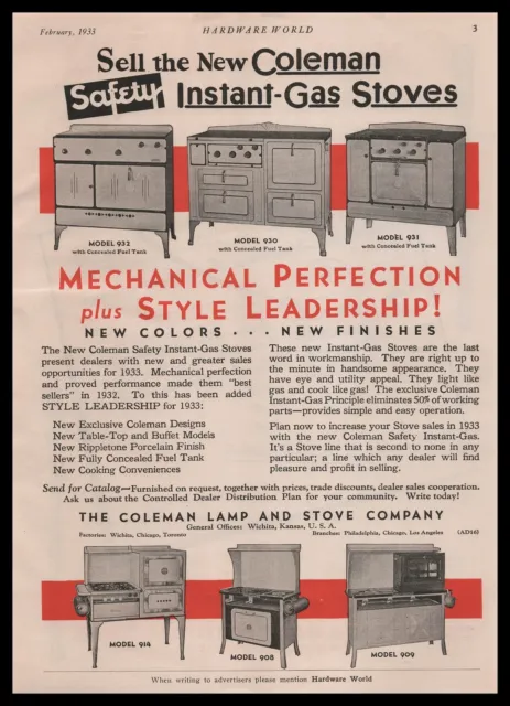 1933 Coleman Lamp & Stove Co. Wichita Kansas Safety Instant Gas Stoves Print Ad