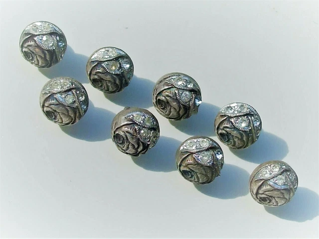 LOT de 8 BEAUX PETITS BOUTONS DE ROSE ANCIENS ART DECO en Métal Argenté & STRASS