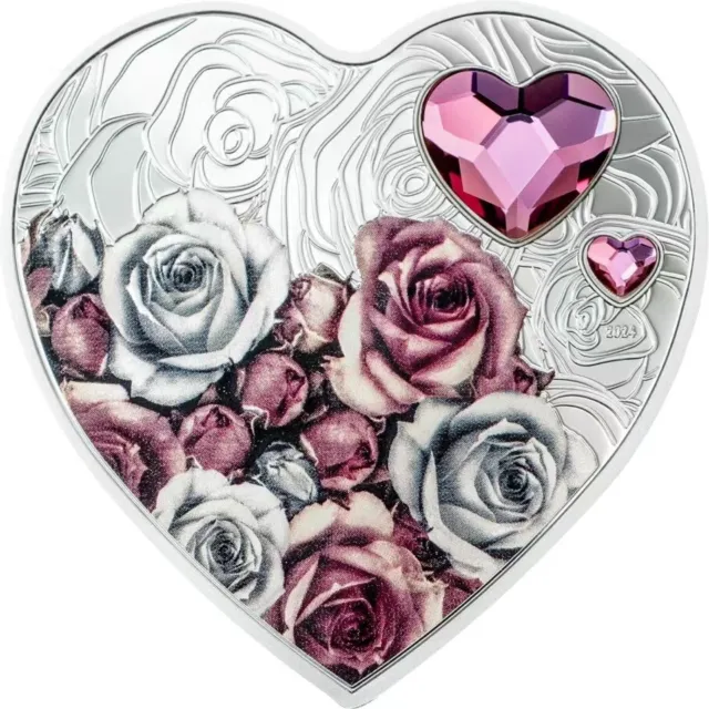 2024 Cook Islands- Brilliant Love Rose- Valentine's Day Heart shaped silver coin