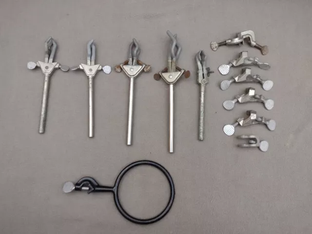 Vintage Fisher Steel Retort Clamp and Beaker Tongs 14 Piece Lot